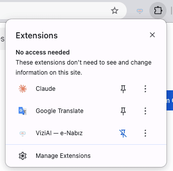 Chrome extensions area showing ViziAI — e-Nabız